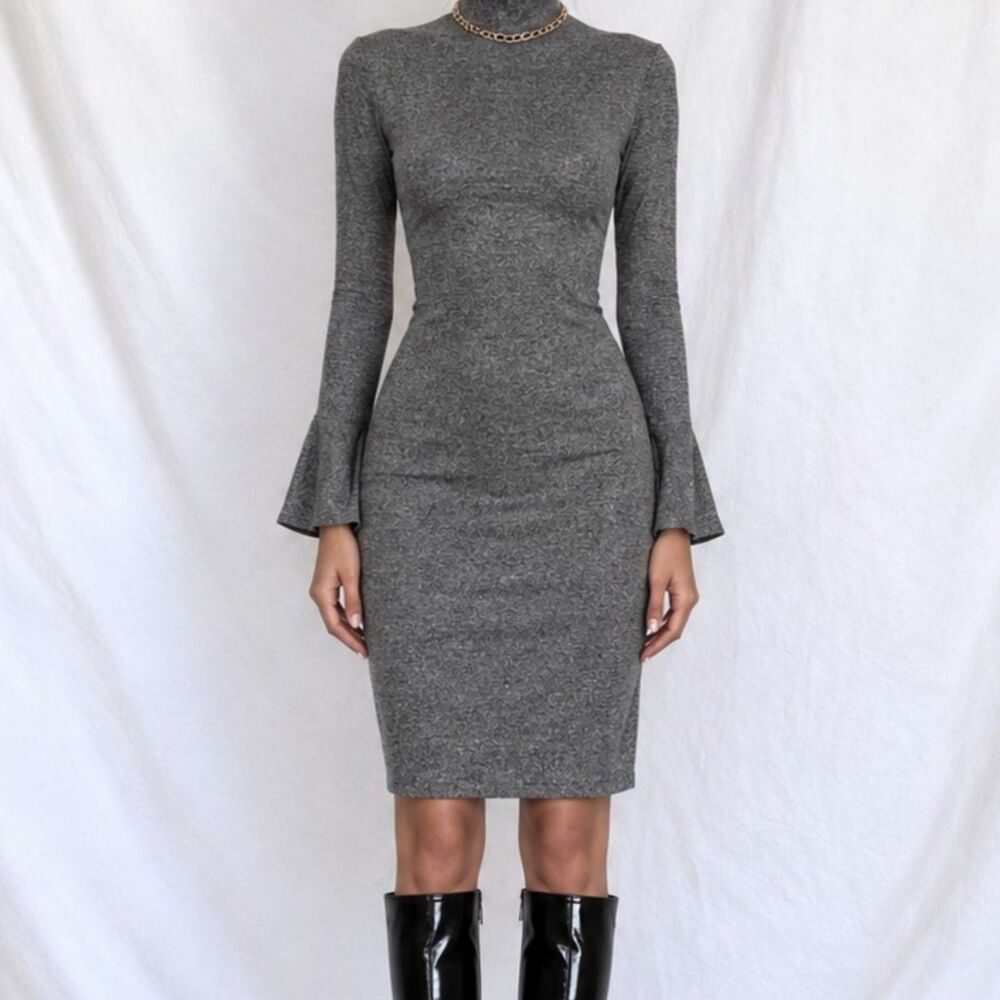 Vintage Y2K 90s Gray Knit Long Bell Sleeve Mock Neck Knee Length Dress Size M